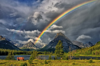 обоя природа, радуга, деревья, пейзаж, скамейка, облака, горы, река