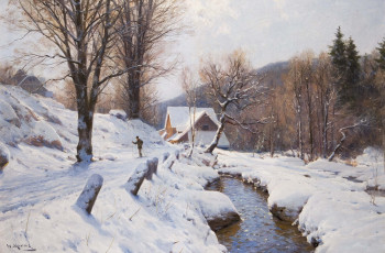 Картинка рисованные walter moras дом снег река лыжник деревья