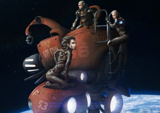 Картинка фэнтези роботы +киборги +механизмы лестница планета орбита космос робот спутник арт парень девушки