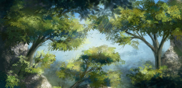 Картинка рисованные природа крона деревья арт птицы листва листья