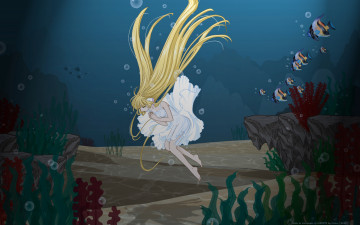 Картинка аниме chobits девушка растения вода cilou ушки платье chii водоросли дно песок камни рыба пузыри