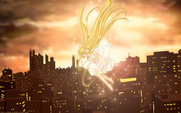 Картинка аниме chobits облака небо огни свет солнце город cilou платье девушка chii