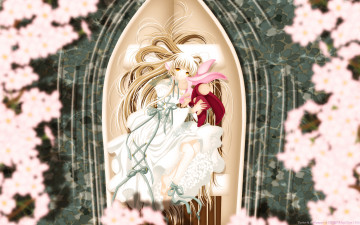 Картинка аниме chobits платье девушка chii cilou ленты кролик игрушка лепестки вода лодка цветы ушки