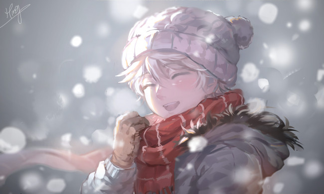 Обои картинки фото аниме, aldnoah zero, шарф, шапка, снег, улыбка, зима, мужчина, s9654431, feng, slaine, troyard, перчатки