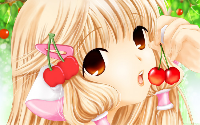 Обои картинки фото аниме, chobits, вишня, заколка, ушки, девушка, chii, yamionpu, растения, фрукты