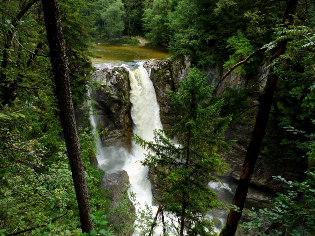 Обои картинки фото природа, водопады, поток, скала, лес