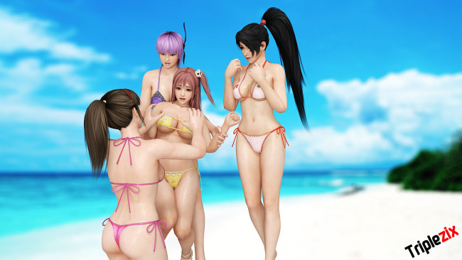 Обои картинки фото 3д графика, аниме , anime, бикини, пляж, взгляд, девушки, фон