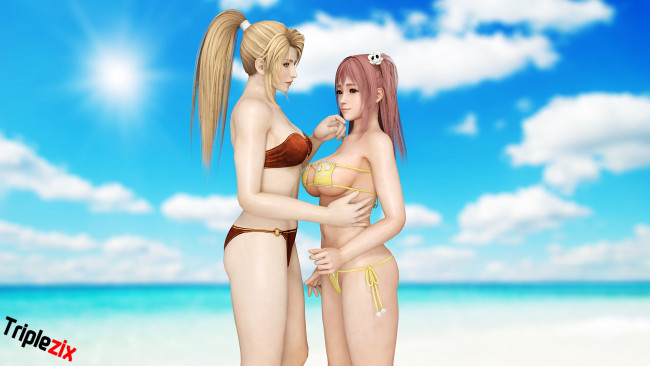 Обои картинки фото 3д графика, аниме , anime, девушки, пляж, бикини, фон, взгляд