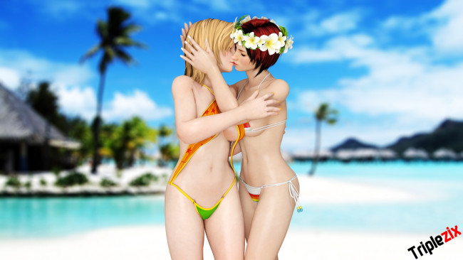 Обои картинки фото 3д графика, аниме , anime, фон, девушки, взгляд, бикини, пляж