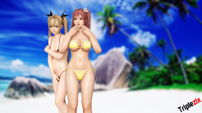 Обои картинки фото 3д графика, аниме , anime, взгляд, девушки, пляж, бикини, фон