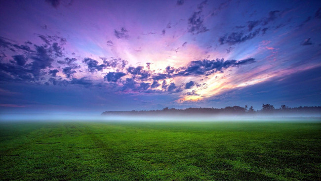 Обои картинки фото природа, пейзажи, туман, поле, заря, облака, небо