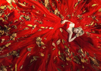 Картинка девушки -unsort+ блондинки платье листья красное лицо девушка лежит