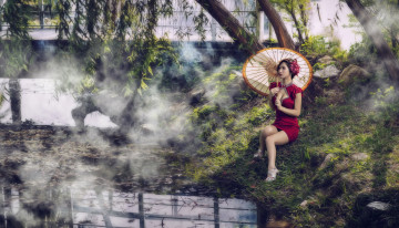 Картинка девушки -unsort+ азиатки лето зонт девушка река азиатка
