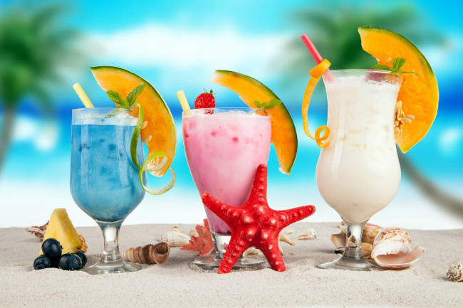Обои картинки фото еда, напитки,  коктейль, папайя, ракушки, тропические, коктейли, морская, звезда