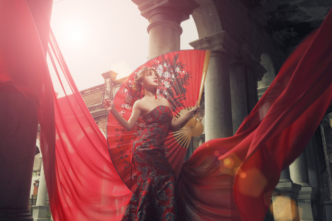 Обои картинки фото девушки, -unsort , азиатки, веер, лето, ткань, девушка, платье, красное