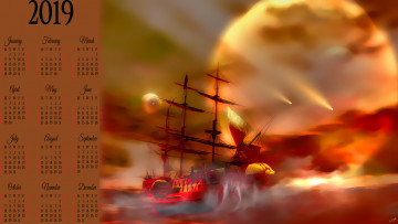 Картинка календари фэнтези корабль парусник 2019 планета calendar