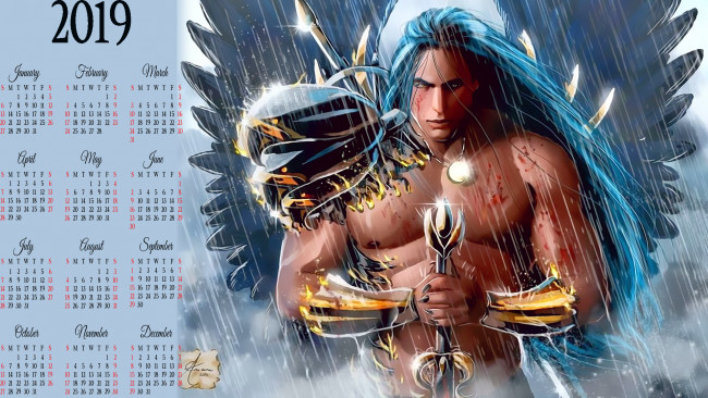 Обои картинки фото календари, фэнтези, мужчина, крылья, оружие, медальон, calendar, 2019