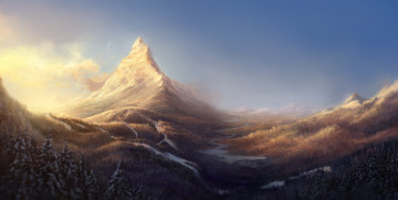 Картинка рисованные природа снег лес горы пейзаж пик