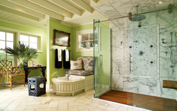 Картинка интерьер ванная туалетная комнаты душ вазон стул подушки картина ванна