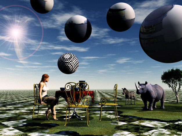 Обои картинки фото 3д, графика, realism, реализм, носорог, планеты, стол, девушка, зебра