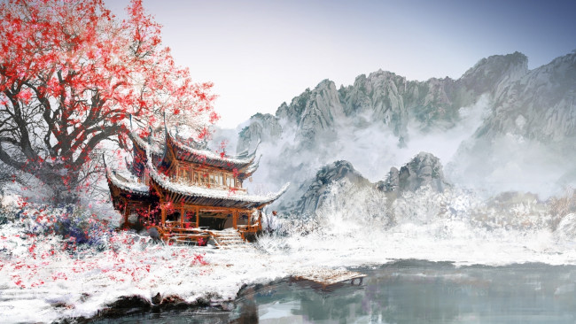 Обои картинки фото рисованные, природа, горы, снег, азия, здание