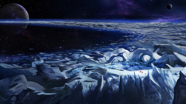 Обои картинки фото космос, арт, туманность, путники, ледник, лед, кольцо, планеты, звезды