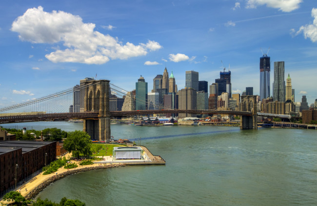 Обои картинки фото города, нью, йорк, сша, мост, вода, бруклин, небоскребы
