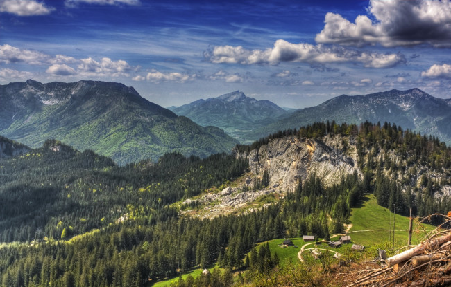 Обои картинки фото goisern, austria, природа, горы, ели, постройки