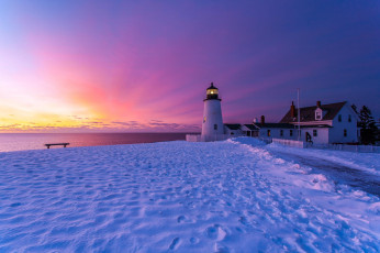 Картинка природа маяки бристоль англия маяк следы небо закат строения лавочка берег снег зима