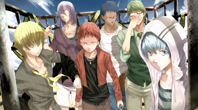 Обои картинки фото аниме, kuroko no baske, капюшон, арт, очки, aomine, daiki, akashi, seijuurou, murasakibara, atsushi, kise, ryouta, kuroko, no, basket, облака, баскетбол, куроко, stoner, небо, парни, tetsuya, midorima, shintarou, мяч