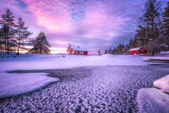 Картинка природа зима озеро норвегия norway ringerike рингерике деревья облака дома снег