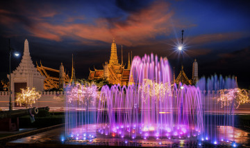 обоя bangkok, города, бангкок , таиланд, храм, ночь, фонтан