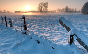 Картинка природа зима деревья забор снег рассвет