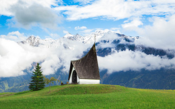 Картинка города -+православные+церкви +монастыри австрия альпы горы небо облака снег пейзаж природа ель часовня церковь