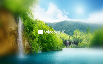 обоя компьютеры, windows 10, логотип, фон, водопад