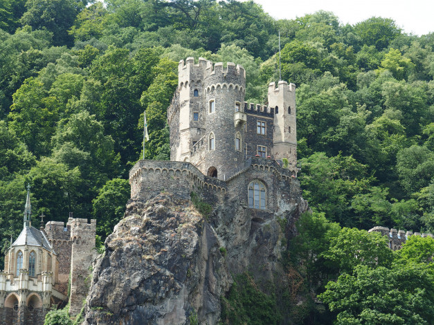Обои картинки фото castle on the rhine, города, - дворцы,  замки,  крепости, замок, скала, лес