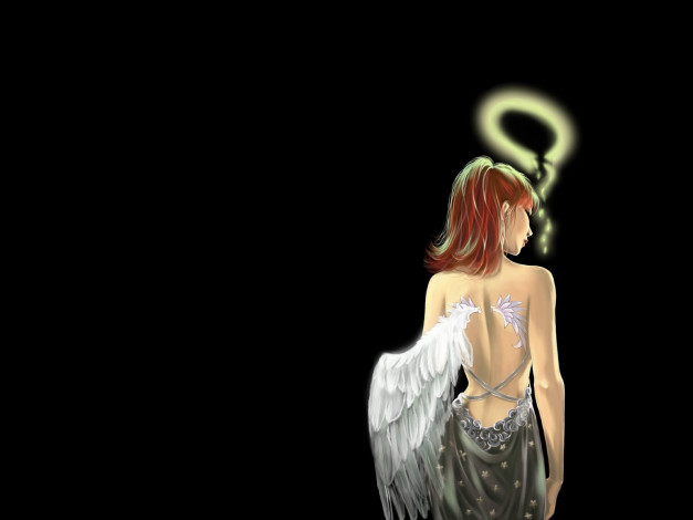 Обои картинки фото фэнтези, ангелы, черный, фон, крылья, нимб, девушка, ангел, спина