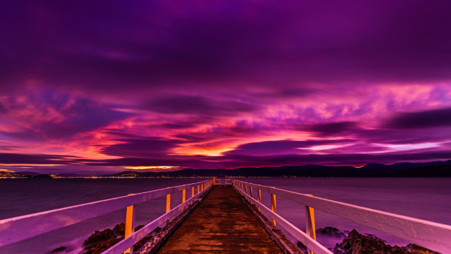 Обои картинки фото природа, восходы, закаты, мостик, зарево, пирс, ночь, горы, новая, зеландия