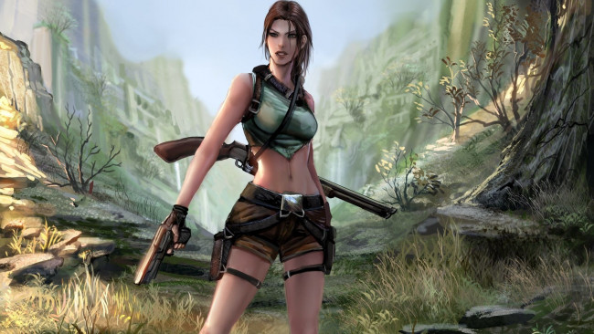 Обои картинки фото видео игры, lara croft tomb raider,  the action adventure, взгляд, девушка, оружие, фон