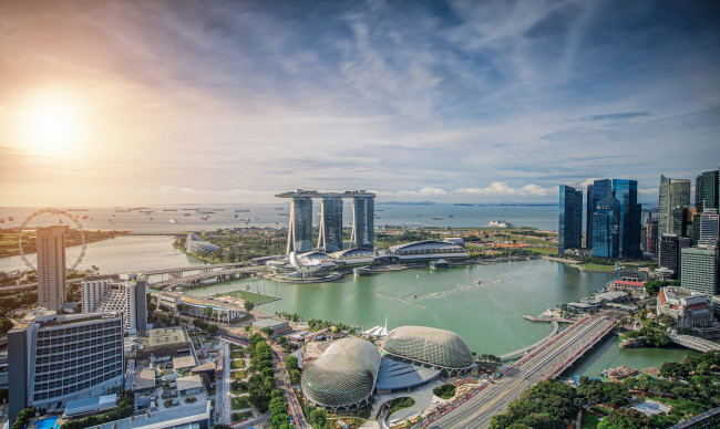 Обои картинки фото singapore skyline, города, сингапур , сингапур, рассвет, небоскребы, побережье
