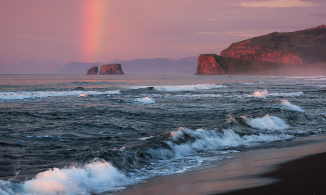 Обои картинки фото природа, радуга, скалы, волны, море