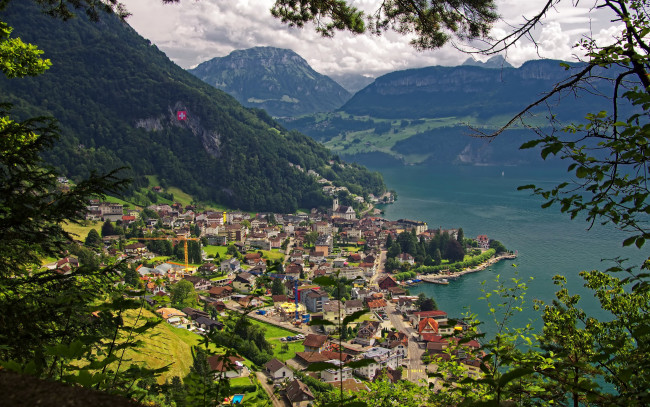 Обои картинки фото города, - пейзажи, lake, lucerne, gersau, панорама, швейцария, поля, леса, озеро, горы