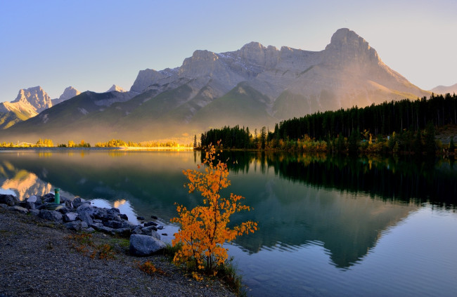 Обои картинки фото природа, реки, озера, canada, banff, озеро, горы, дымка, утро, деревья, лес, grassi, lake, canmore