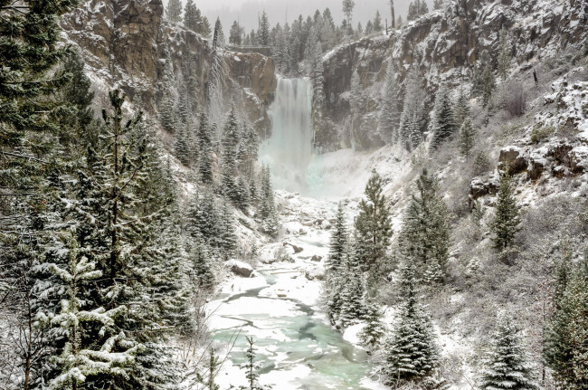 Обои картинки фото природа, водопады, лес, снег, зима