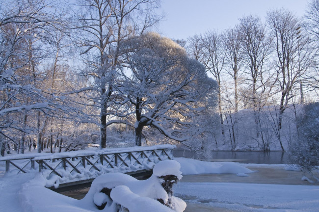 Обои картинки фото природа, зима, снег, мороз, мостик, парк