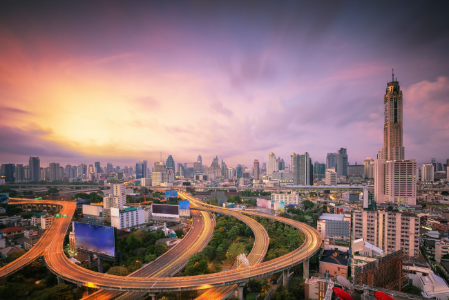 Обои картинки фото bangkok city, города, бангкок , таиланд, башня, магистраль, рассвет