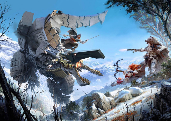 Обои картинки фото видео игры, horizon zero dawn, охота, небо, оружие, огонь, мех, взгляд, снег, горы, деревья, девушка, лук, робот, охотник