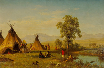 Картинка рисованное живопись пейзаж альберт бирштадт селение сиу близ форт-ларами вигвам картина