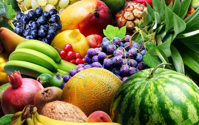 Обои картинки фото еда, фрукты,  ягоды, дыня, виноград, арбуз