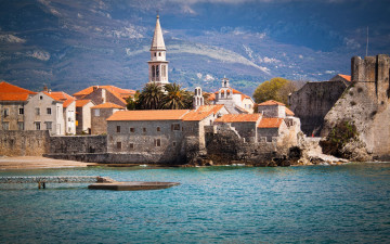 обоя черногория,  будва, города, - улицы,  площади,  набережные, здания, море, горы, дома, пирс
